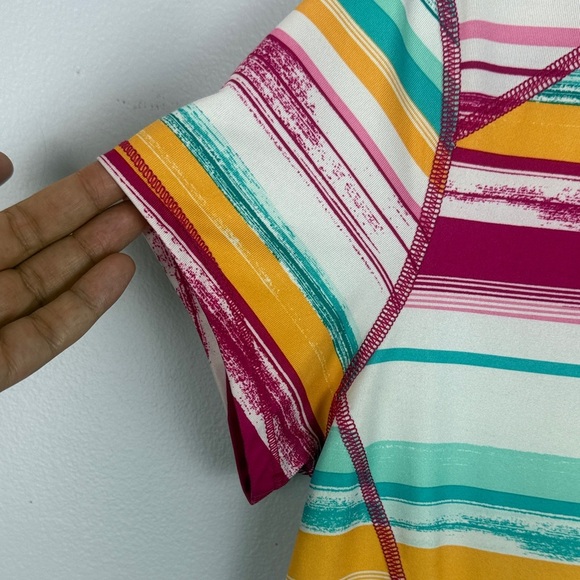 Land's End Sport Vibrant Colorful Pink Orange Teal Striped Short Sleeve Tee M - Picture 4 of 10